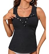 Tankini Tops for Women - High Neck Swim Top Only Tummy Control Ribbed Bathing Suits Top Button Sw...