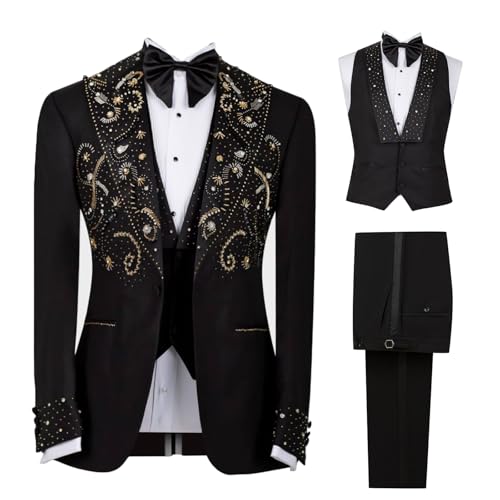Luxury Men's Tuxedo Handmade Gold Beads Formal One Button Blazers Black Slim Prom Jacket for Wedding，Party，Dinner