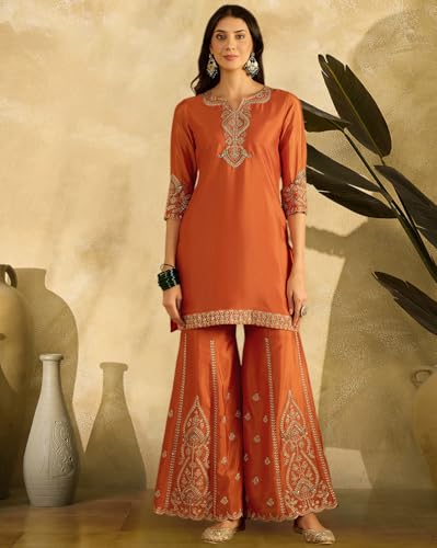Image of SheWill Poly Chinon Zari Sequence Cording Embroide Kurta with Palazzo and Dupatta - Vibrant Set with Exquisite Detailing and Graceful Drape