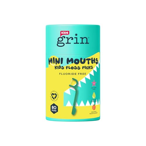 Grin Ultra Clean Kids Dental Floss Sticks Fruity Floss Picks with Peach Flavour - Fluoride Free Gentle on Tight Teeth - 100% Recycled Convenient Handle for Daily Oral Care - 80pk Canister