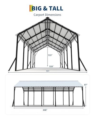 Image of GarveeLife 13x26 ft Metal Carport with Vertical Roof, Heavy-Duty Metal Car Port 120 Steep-Pitch Roof, 133 inch High-Clearance for Full-Sized Pickups, Tractors, and Bass Boats