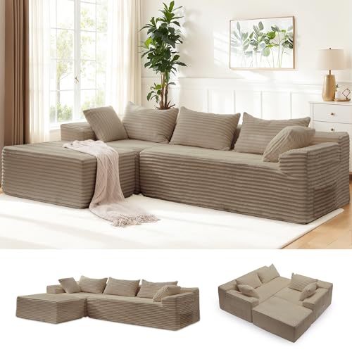 Korser 110' L-Shaped Modular Sectional Sofa with Chaise, Boneless Comfy Corduroy Fluffy Couch with...