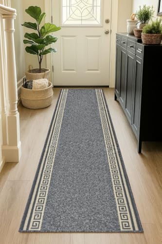 Bravich RugMasters Greek Grey Rubber Backed Non Slip Machine Washable Very Long Hallway Hall Runner Narrow Rugs Custom Length Stair Mats 2'2"x8'FT (66x244cm) - Image 3