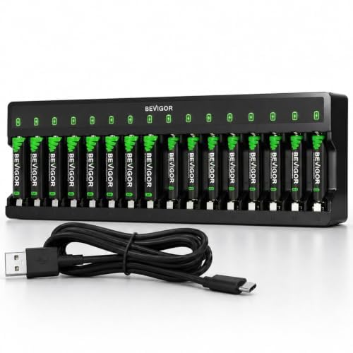 BEVIGOR Chargeur de batterie 16 compartiments avec 8 piles AA et 8 AAA pour