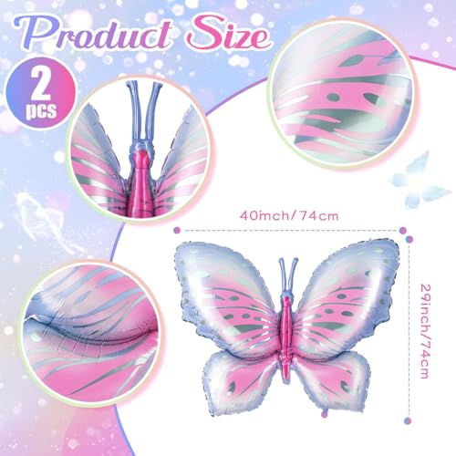 Image of AMFIN (Pack of 2) Large Butterfly Foil Balloons 34 Inch Gradient Birthday Party Decorations | Helium & Air Compatible - Blue Pink