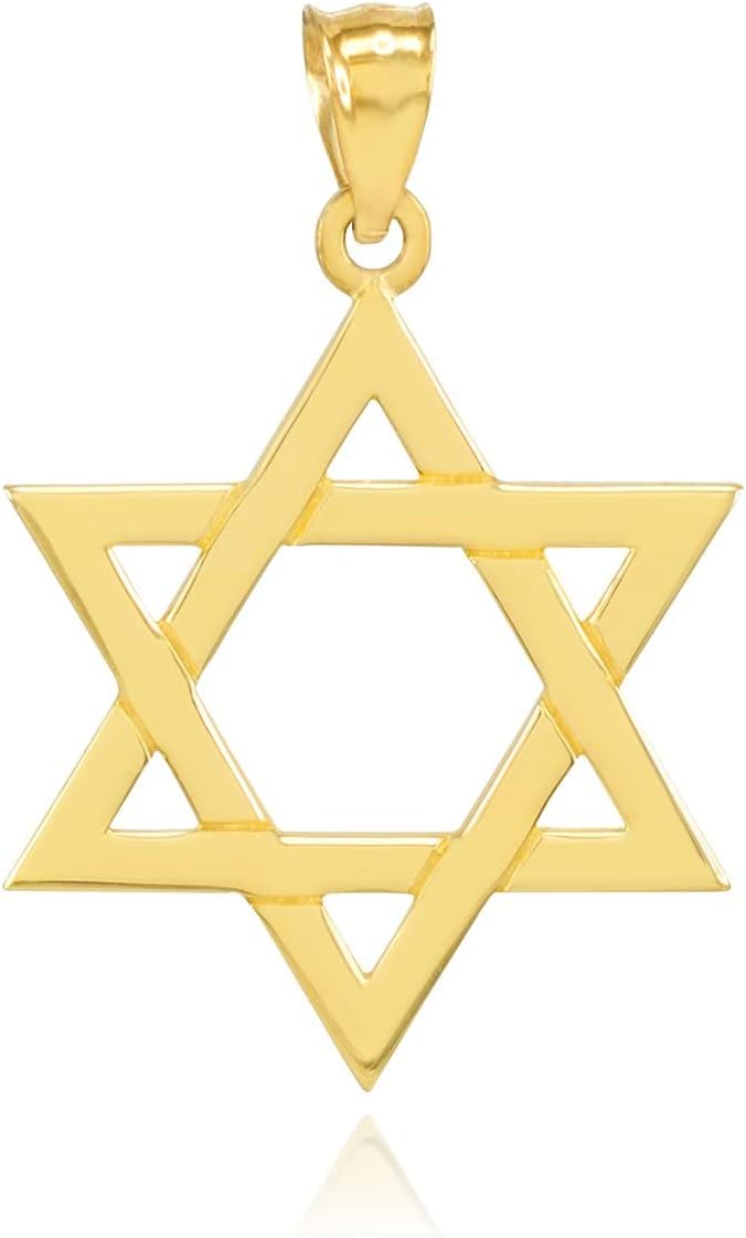 14K Yellow Gold Traditional Jewish Six Pointed Star of David Magen David Hexagram Pendant Necklace (Large) - Choice of Length