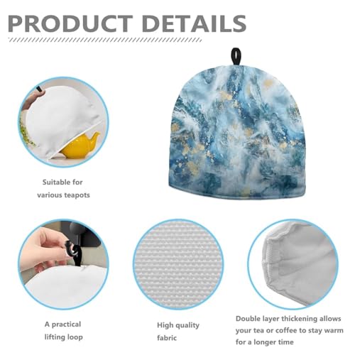 Image of Tea Cozy for Teapot Kitchen Accessory Tea Pot Cosy Insulated Thermal Kettle Cover Breakfast Warmer Washable for Home Kitchen Tabletop Decoration, Blue Gold Marble