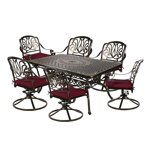 Image of MEETWARM 7-Piece Outdoor Patio Dining Set, All-Weather Cast Aluminum Patio Conversation Set for Backyard Garden Deck with 6 Cushioned Swivel Rocker Chairs, 1 Rectangular Table, Chili Red