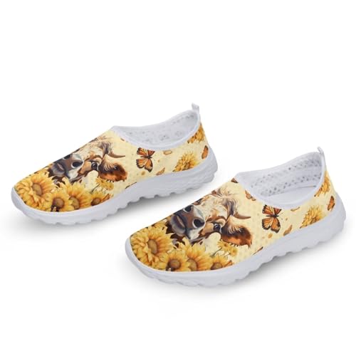 Coloranimal Womens Sunflower Highland Cow Shoes Yellow Butterfly Flower Cattle Pattern Slip on Water Shoes Breathable Sports Walking Sneakers Surf Swim Beach Slip-on Fashion Footwear