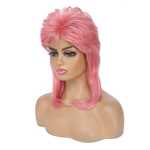 Image of Adequate Pink Mullet Wig for Men Women, 80s Retro Fluffy Rocker Wolf Cut Synthetic Wig, Costume Wig for Halloween Cosplay Disco Party (Pink)