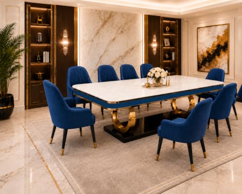 Image of 8-Seater Dining Table with Nano Composite Marble Top and PVC Golden Wooden Base |2yr Warranty - Includes 8 Fabric Upholstered Chairs