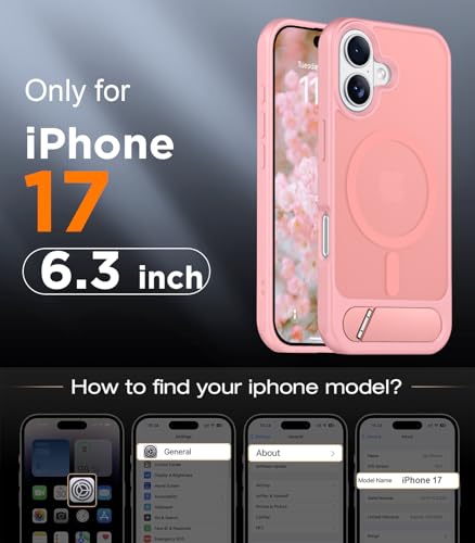 Image of Designed for iPhone 17 Case, [Built-in Invisible Kickstand][Compatible with MagSafe][Military Grade Shockproof] Slim Translucent Matte Phone Case 6.3 inch (Pink)