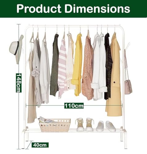 Image of Lukzer | Heavy-Duty Metal Garment Rack with Bottom Storage Shelf & 4 Side Hooks | Freestanding Clothes Stand for Bedroom, Entryway, Living Room | White | 40 x 110 x 148 cm | Model No. MGS-001