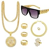 GSrenyu 8 piezas de accesorios de disfraz de hip hop, disfraz de rapero de los años 80 y 90, pulsera de oro falso, anillos, aretes, gafas hippie, accesorios de disfraz para hippie, rapero, discoteca