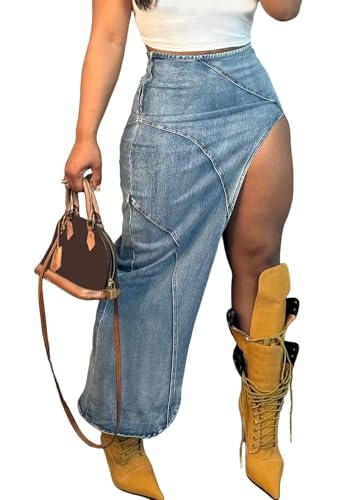 Women's Denim Skirt Casual High Waisted Asymmetrical Front Slit Frayed Hem Skirt A Line Maxi Cargo Jean Skirt Streetwear