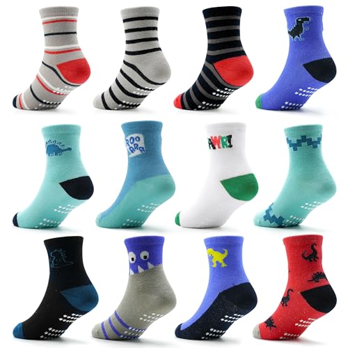 Image of ELUTONG Toddler Grip Socks 12 Pack Non Slip Grips Crew Socks for 1-7 Years Infant Baby Boys Girls Kids