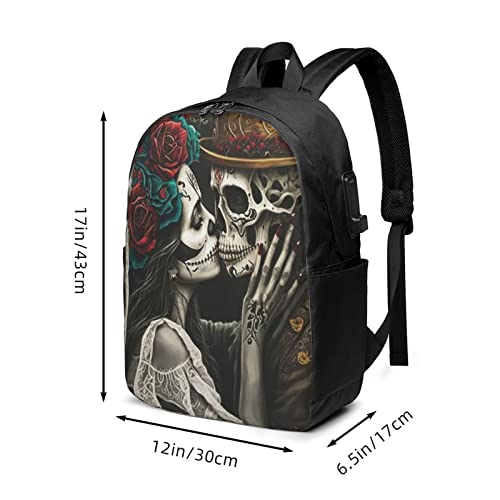 Couple Skull Travel Laptop Backpack for Women Men, 17 Inch Business Backpack with USB Charger Port2