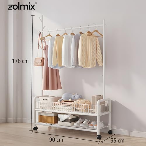 Image of ZOLMIX Metal Garment Rack With Wheels & 2 Bottom Mesh Shelves | Clothes Hanging Stand, Coat Hanger Stand For Home, Cloth Rack For Bedroom, Clothing Rack Organizer For Clothes, Bags & Shoes (white)
