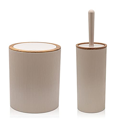 Set da 2 pezzi Porta scopino e Pattumiera 5lt, in plastica Tortora, con dettagli effetto legno, serie Blob