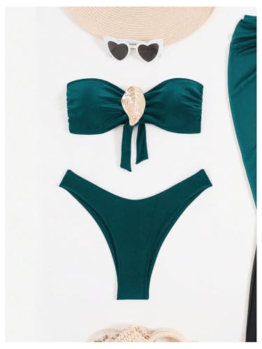 GORGLITTER Women's Strapless Bandeau Swimsuits High Waisted Bikini Sets with Metal Coverup Skirts 3 Piece Bathing Suits3