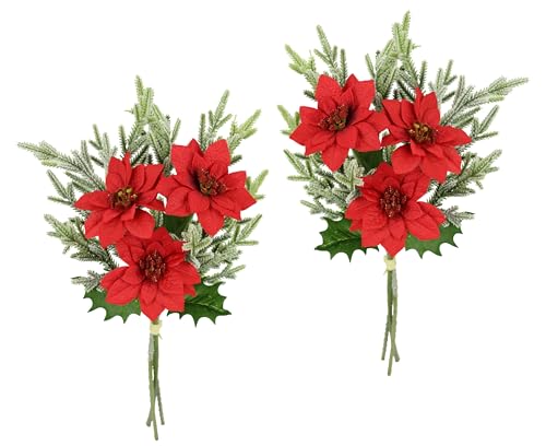 Poinsettia Fiore artificiale 3 fiori rami di abete, set da 2 pezzi, 37 cm, stella di Natale, ramo, decorazione natalizia, fiori di Natale X'Mas, bouquet, decorazione regalo