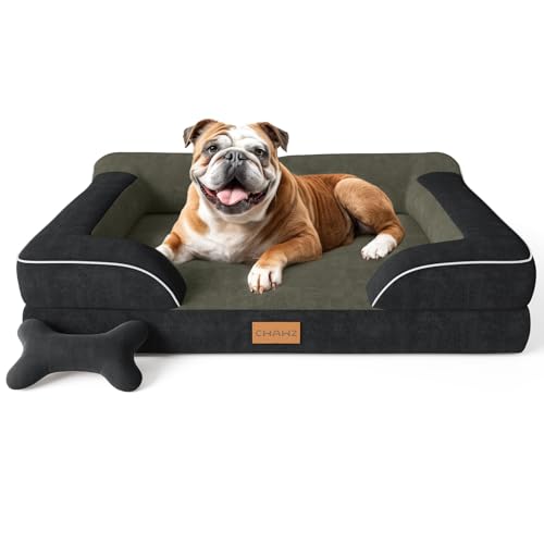 Image of CWAWZ Dog Beds for Large Dogs, Orthopedic Dog Bed with Cooling Gel Memory Foam, Waterproof Large Pet Bed with Removable Washable Cover, 36 inch Pet Sofa Couch Dutch Velvet with Bone Toy, Black