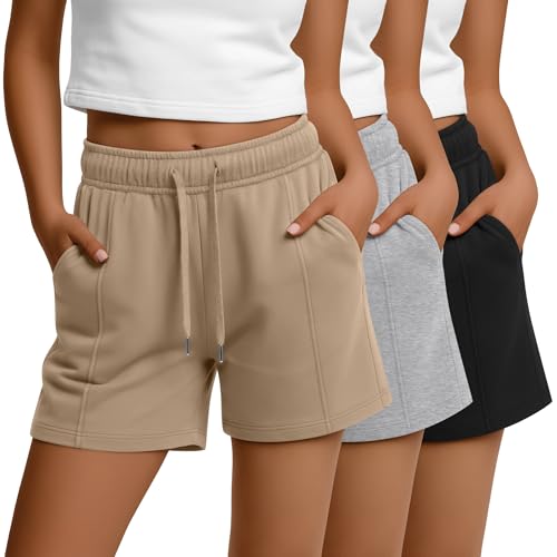 JoyMotion 3 Pack Women's Sweat Shorts Drawstring Elastic Waist Casual Shorts Athletic Comfy Lounge Pants with Pockets(Black, Khaki, Light Mixed Gray,Large)