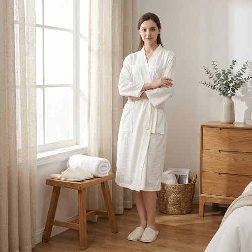 Image of Jecery Waffle Bathrobe and Slippers Bulk Set Spa Robes Hotel Bath Lightweight Thin Commercial Soft for House Shower Party