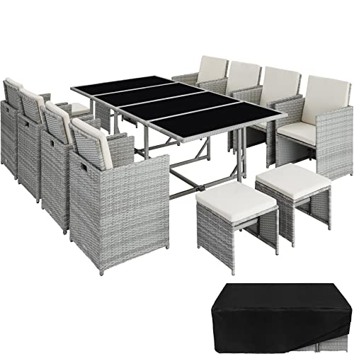 TecTake 800823 Salon de Jardin en Résine Tressée 12 Places Housse de Protection 8 Fauteuils 4 Tabourets 1 Table – Diverses Couleurs (Gris Clair/Crème)