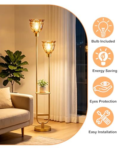 Image of Lightdot 2-Lights Glass Floor Lamp with Table Mid Century Modern Gold Standing Tall Lamps with Amber Glass Shade,LED Floor Lamp with Foot Switch for Living Room Bedroom Home Decor (Bulbs Included)