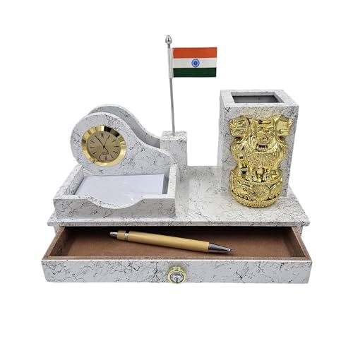 Image of WOOD HOUSE White Marble Look Wooden Pen Stand with Flag - Elegant Desk Organizer for Pens and Office Essentials - Patriotic Flag Accent - Stylish and Functional Home and Office Decor