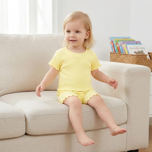 Image of Toddler Girl Clothes Summer Outfit Short Sleeve Shorts Set 12M-5T | Soft ribbed knit toddler girl outfit with breathable fabric, ruffle top, comfy shorts and stretchy fit for summer daily wear.