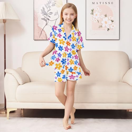 Flower Color Cute Simple Pattern Summer Satin Pajama Set, Cute Button-Down Sleepwear Pj Set for Sleep Wears3
