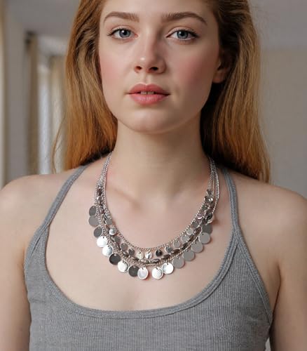 Noessla Boho Silver Charm Necklace for Women Layered Beade Pendant Necklace with Disc Charms Trendy Costume Jewelry for Beach Party4