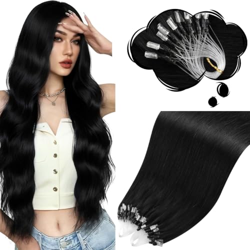 Moresoo Micro Bead Hair Extensions Real Human Hair, Jet Black,16 Inch