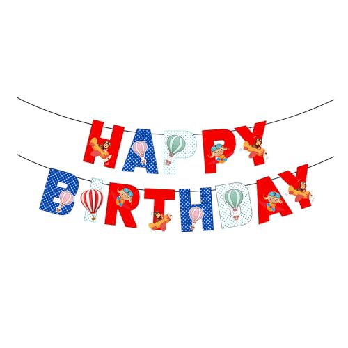 Image of Airplane Happy Birthday Banner for Kids Party, Aeroplane and Hot Air Balloon Decoration for Boys and Astonaut Baby Celebration, Wall Hanging Space Birthday Banner for Home(Pack of 1)