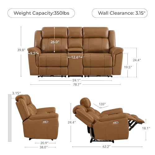 Image of CHITA Leather Power Recliner Sofa, Saddle, Loveseat with Console