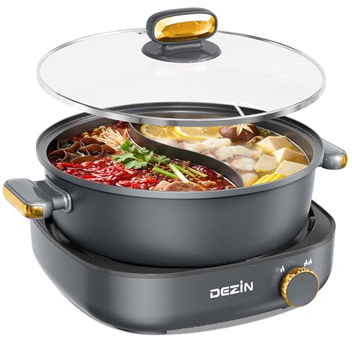 Dezin Hot Pot Electric with Divider, 4L Electric Shabu Shabu with Dual-Flavor Pot,3.7' Depth Nonstick Dual Side with Multi-Power Control for Party, Family and Friend Gathering