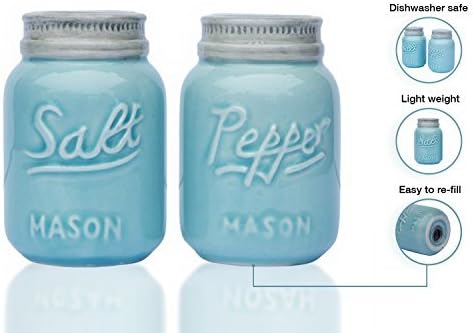Vintage Mason Jar Salt & Pepper Shakers by Comfify - Adorable Decorative Mason Jar Decor for Vintage, Rustic, Shabby Chic - Sturdy Ceramic in Aqua Blue - 100 ml Cap.