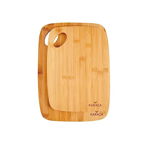 Karaca Karya - Juego de tablas de cortar de bambú, 2 piezas, tabla de cortar de madera con asa, práctica, fácil limpieza
