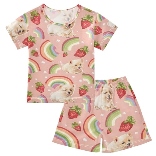 ALAZA Strawberry Puppy Dog Rainbow Blossom Pajamas Short Sleeve 2 Piece Sleepwear Top and Bottom Pajama Set Unisex