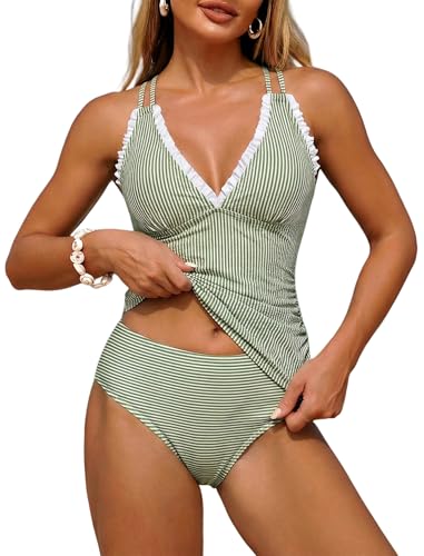 ZAFUL Swim Suits for Women 2026 Smocked Two Piece Tankinis Modest High Waisted Tummy Control Simsuits Slimming Ruched Push Up Bathing Suit Retro Ruffle Full Coverage Tankini Swimwear Green Striped M