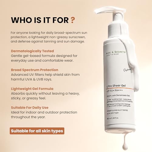Image of Wise & Secrets SPF 50+ Sunscreen Gel 100 ml | PA+++ UVA /UVB Protection | Water Resistant, Anti-Tan & Sunburn Protection Zinc Oxide,Vitamin E & Hyaluronic Acid Hydrating, Non-Greasy For All Skin Types