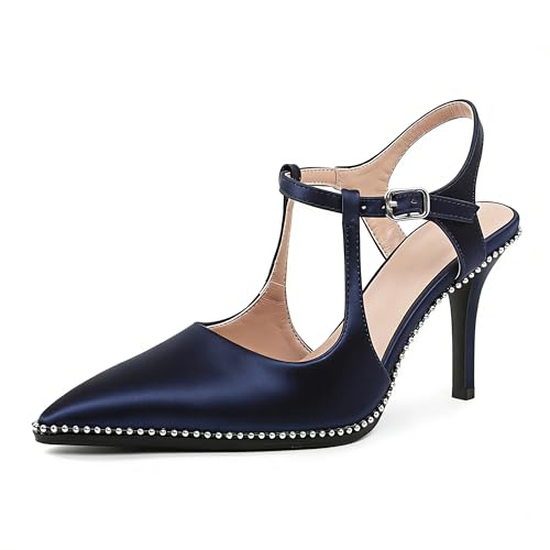Image of SAMMITOP Womens High Heels Ankle Strap Pointed Toe Stilettos Patent Leather Beaded Pumps Dress Shoes 3.5 Inch