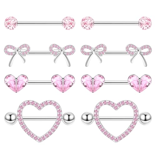 Vegolita 4 Pairs 14G G23 Titanium Nipple Rings for Women Heart Nipple Barbell Tongue Rings CZ Nipple Ring Set Cute Bow Nipplerings Piercing Jewelry Pink