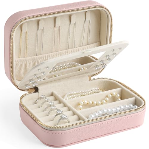 Image of Genuine Leather Travel Jewelry Organizer Case with Mirror for Women, Small Mini Portable Jewelry Box for Ring Earrings Necklace Bracelet Luxury Gift for Women（Pink）