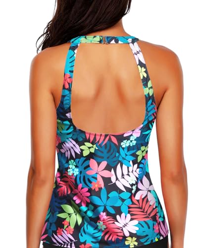Image of Holipick Tankini Tops for Women High Neck Swim Top Only | Tummy Control, Support Removable Pads, Full Coverage, Open Back, Neck Hook, Soft Stretch Fabric, Beach and Resort
