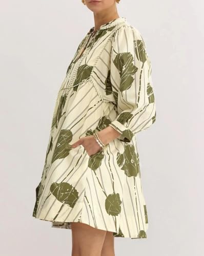 Women Floral Babydoll Mini Dress V Neck 3/4 Puff Sleeves A Line Flowy Swing Summer Sun Dresses3