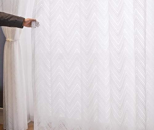 Image of Net Curtains Semi Transparent Sheer Zigzag Pattern Window Curtain 5 Feet Long Set of 3 Pcs, Window Living Room Parde, White Color