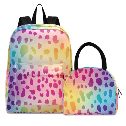 Backpack Lunch Box Set Large Capacity Travel Backpacks and Insulated Lunch Bag for Commute Hiking Picnic Bright Leopard Pattern Print